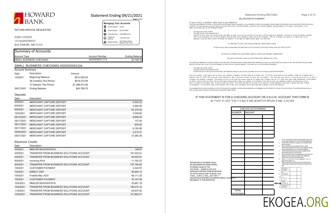 Modèle de relevé bancaire USA Maryland Howard Business, format Excel et PDF (.xls et .pdf) (4 pages)